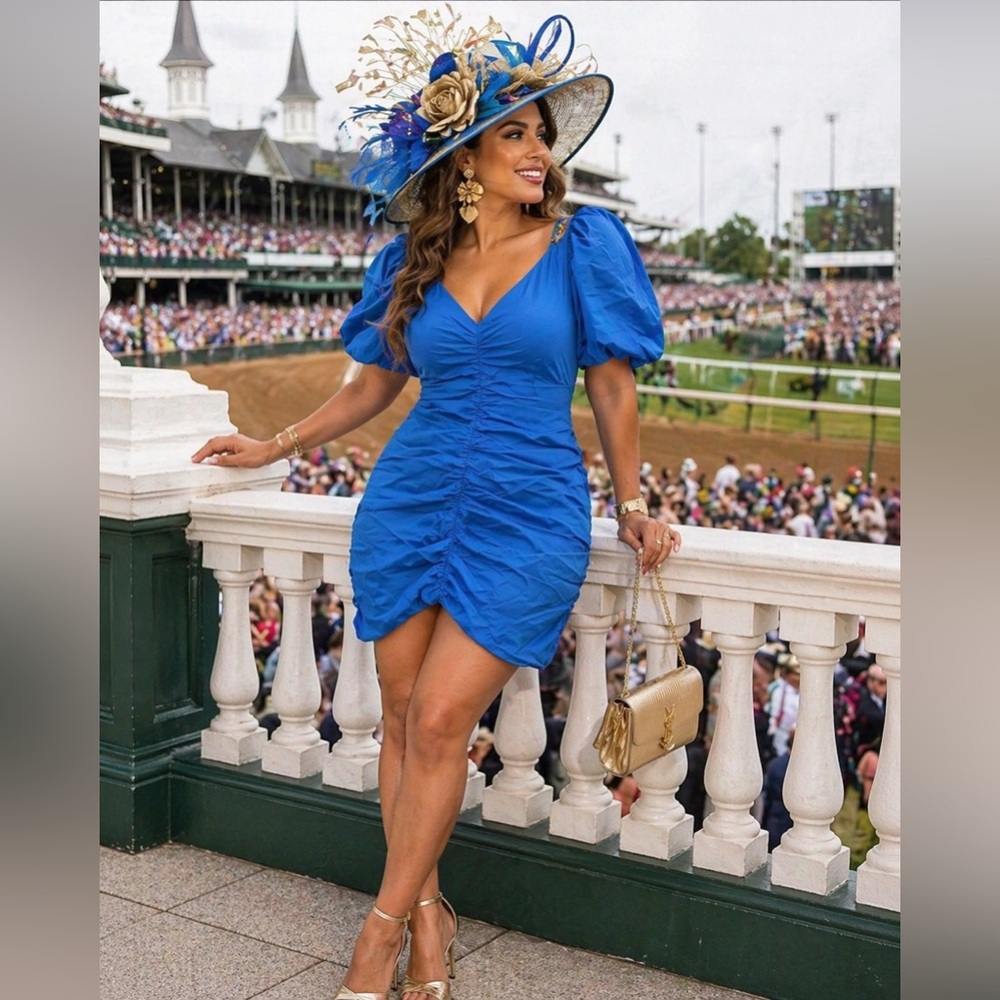 HYFVE Blue Dress Kentucky Derby Ruched Puff Sleeve Mini Dress Blue Size M New